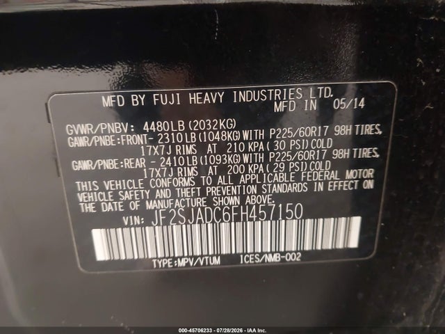 Продажа на аукционе авто 2015 Subaru Forester 2.5i Premium, vin: JF2SJADC6FH457150, номер лота: 45706233