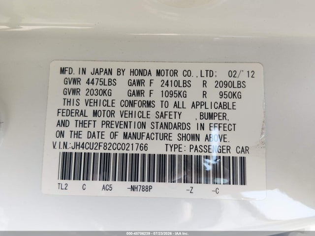 45706239 :رقم المزاد ، JH4CU2F82CC021766 vin ، 2012 Acura Tsx 2.4 مزاد بيع