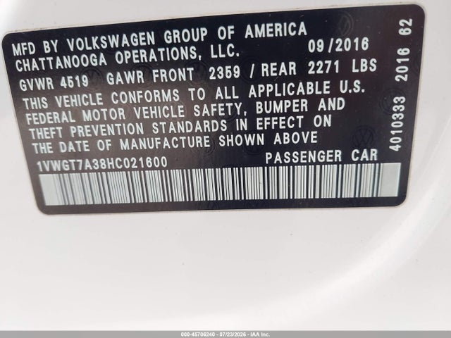 2017 Volkswagen Passat 1.8t Se მანქანა იყიდება აუქციონზე, vin: 1VWGT7A38HC021600, აუქციონის ნომერი: 45706240