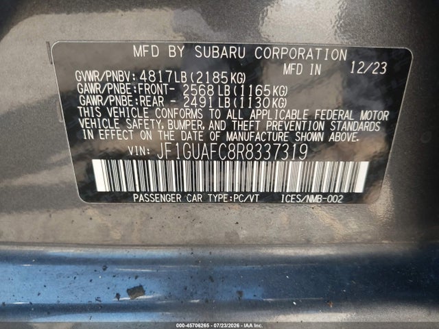 Продажа на аукционе авто 2024 Subaru Impreza Sport 5-door, vin: JF1GUAFC8R8337319, номер лота: 45706265
