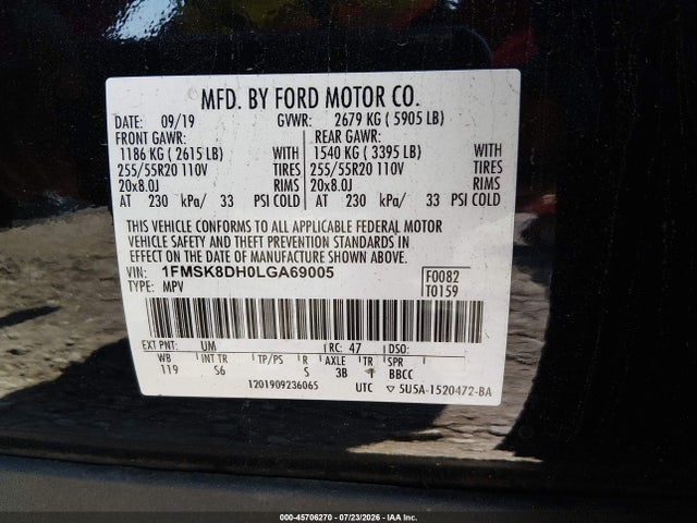 Aukcja sprzedaży 2020 Ford Explorer Xlt, vin: 1FMSK8DH0LGA69005, numer aukcji: 45706270