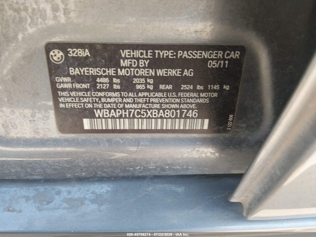 2011 Bmw 328i მანქანა იყიდება აუქციონზე, vin: WBAPH7C5XBA801746, აუქციონის ნომერი: 45706274