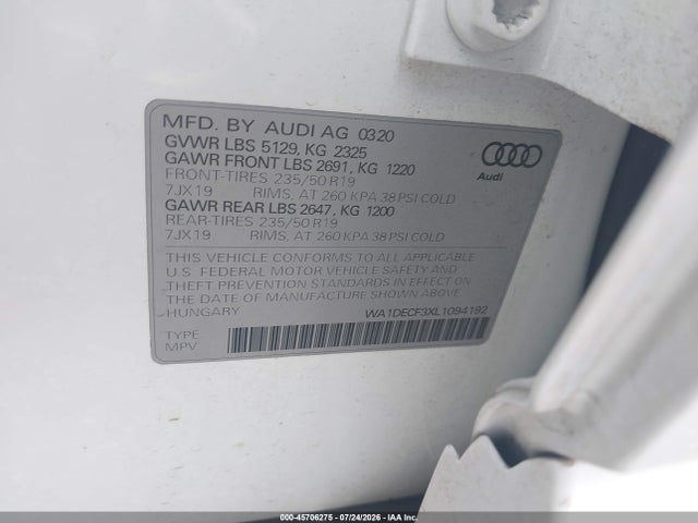 Aukcja sprzedaży 2020 Audi Q3 Premium 45 Tfsi S Line Quattro Tiptronic, vin: WA1DECF3XL1094192, numer aukcji: 45706275