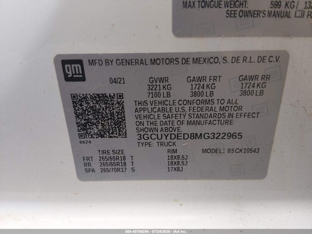 Продажа на аукционе авто 2021 Chevrolet Silverado 1500 4wd  Short Bed Lt, vin: 3GCUYDED8MG322965, номер лота: 45706296