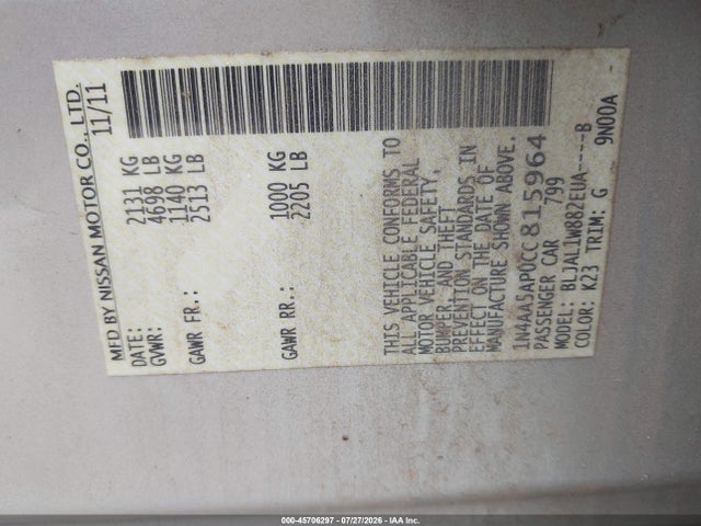 Aukcja sprzedaży 2012 Nissan Maxima 3.5 Sv, vin: 1N4AA5AP0CC815964, numer aukcji: 45706297