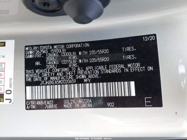 Aukcja sprzedaży 2021 Lexus Rx 350l, vin: JTJHZKEA5M2020659, numer aukcji: 45706298