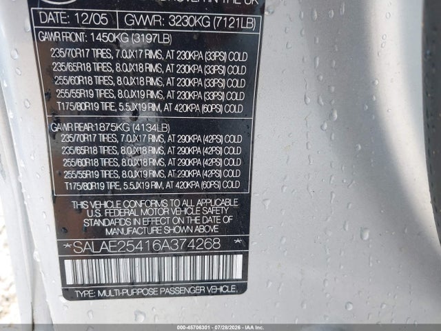 Продаж на аукціоні авто 2006 Land Rover Lr3 V8 Se, vin: SALAE25416A374268, номер лоту: 45706301