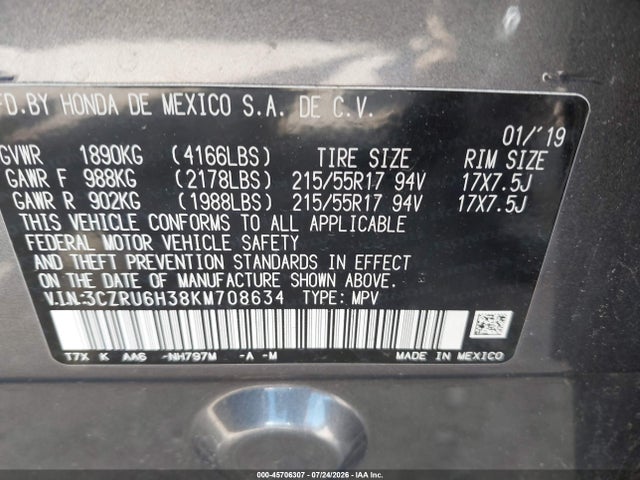 3CZRU6H38KM708634 Honda HR-V LX
