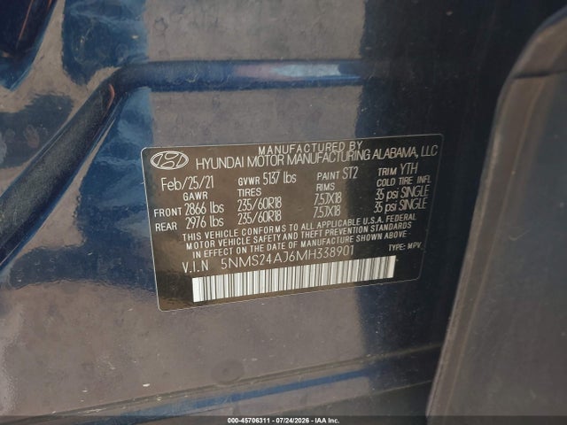 Aukcja sprzedaży 2021 Hyundai Santa Fe Sel, vin: 5NMS24AJ6MH338901, numer aukcji: 45706311