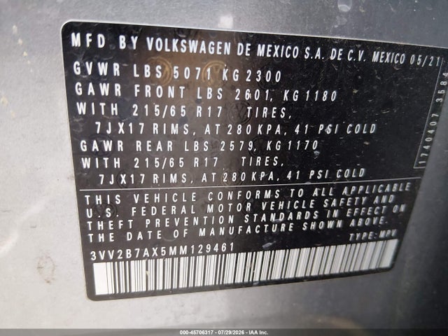 45706317 :رقم المزاد ، 3VV2B7AX5MM129461 vin ، 2021 Volkswagen Tiguan 2.0t Se/2.0t Se R-line Black/2.0t Sel مزاد بيع