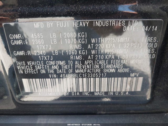 Subaru Outback 2.5i Limited 2014 4S4BRBLC1E3305217 Image 9
