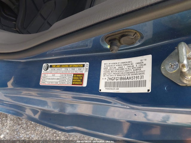 45706325 :رقم المزاد ، 2HGFG1B66AH519131 vin ، 2010 Honda Civic Lx مزاد بيع