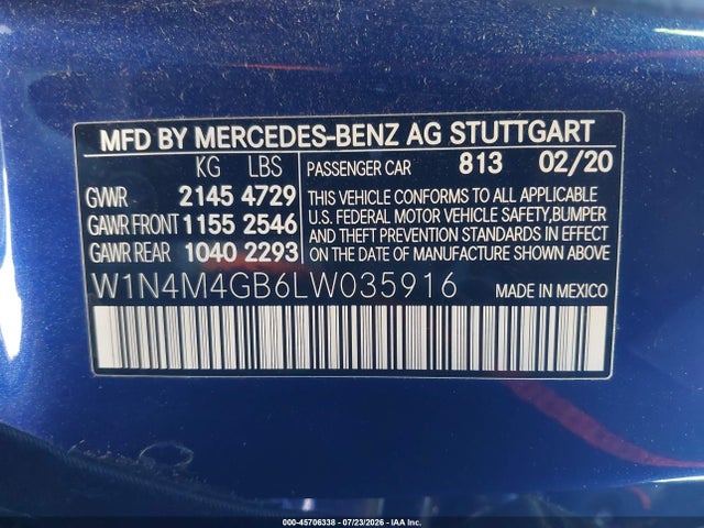 2020 Mercedes-benz Glb 250 მანქანა იყიდება აუქციონზე, vin: W1N4M4GB6LW035916, აუქციონის ნომერი: 45706338