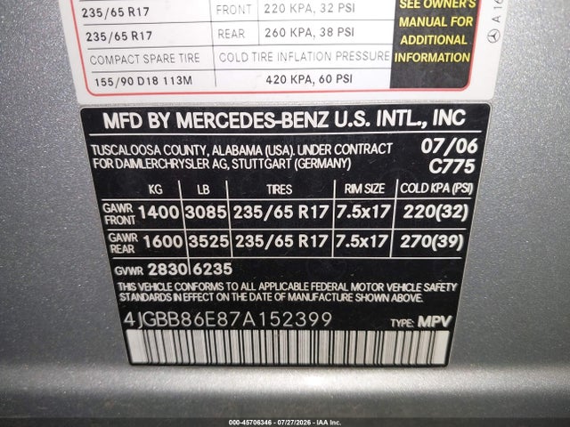 Продажа на аукционе авто 2007 Mercedes-benz Ml 350 4matic, vin: 4JGBB86E87A152399, номер лота: 45706346