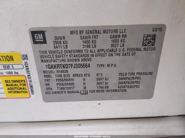 Продаж на аукціоні авто 2015 Gmc Acadia Denali, vin: 1GKKRTKD7FJ305664, номер лоту: 45706369