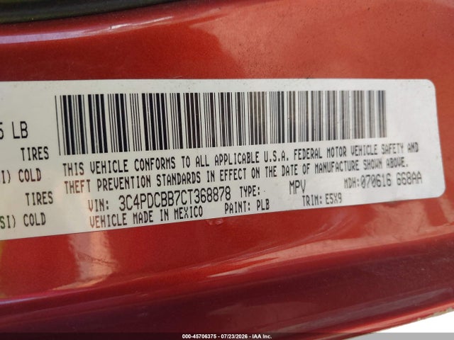 45706375 :رقم المزاد ، 3C4PDCBB7CT368878 vin ، 2012 Dodge Journey Sxt مزاد بيع