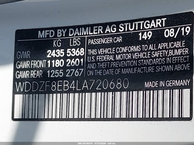 Aukcja sprzedaży 2020 Mercedes-benz E 350 4matic, vin: WDDZF8EB4LA720680, numer aukcji: 45706376