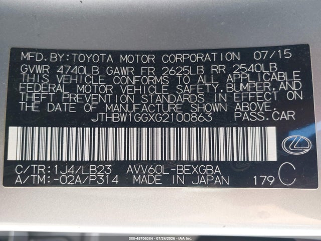 Lexus ES 300H 2016 JTHBW1GGXG2100863 Image 9