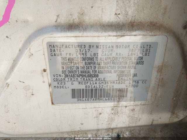 Продаж на аукціоні авто 2017 Nissan Sentra Sv, vin: 3N1AB7AP9HL685359, номер лоту: 45706397