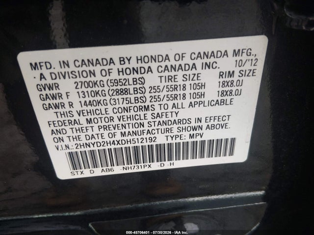 45706401 :رقم المزاد ، 2HNYD2H4XDH512192 vin ، 2013 Acura Mdx Technology Package مزاد بيع