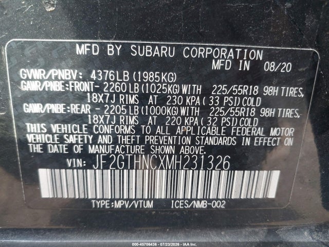 Aukcja sprzedaży 2021 Subaru Crosstrek Limited, vin: JF2GTHNCXMH231326, numer aukcji: 45706436