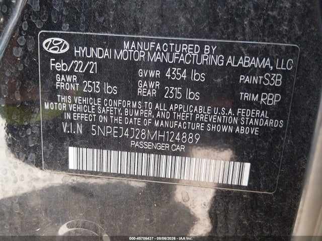 Продажа на аукционе авто 2021 Hyundai Sonata Sel Plus, vin: 5NPEJ4J28MH124889, номер лота: 45706437