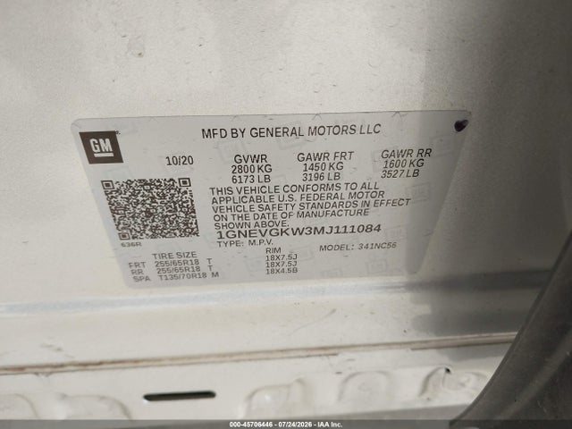 1GNEVGKW3MJ111084 Chevrolet Traverse Awd Lt Cloth