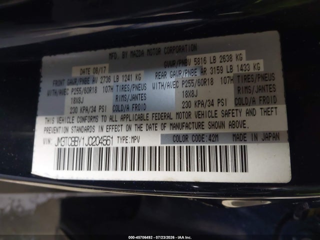 2018 Mazda Cx-9 Sport მანქანა იყიდება აუქციონზე, vin: JM3TCBBY1J0204561, აუქციონის ნომერი: 45706492