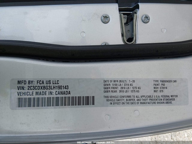 45706495 :رقم المزاد ، 2C3CDXBG3LH190143 vin ، 2020 Dodge Charger Sxt Rwd مزاد بيع