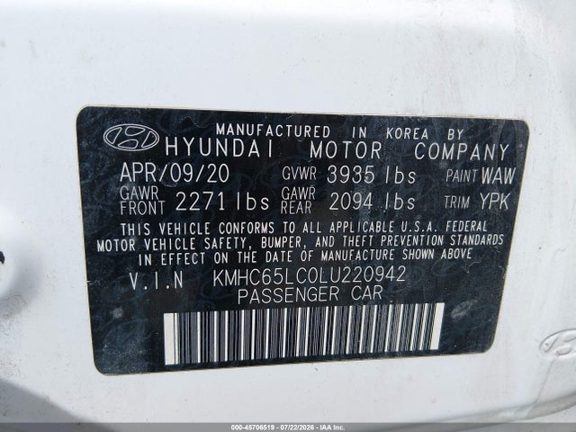 2020 Hyundai Ioniq Hybrid Blue მანქანა იყიდება აუქციონზე, vin: KMHC65LC0LU220942, აუქციონის ნომერი: 45706519