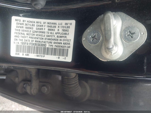 2011 Honda Civic Lx მანქანა იყიდება აუქციონზე, vin: 19XFA1F5XBE003093, აუქციონის ნომერი: 45706527