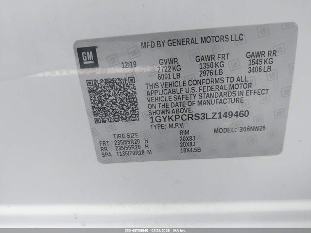 45706540 :رقم المزاد ، 1GYKPCRS3LZ149460 vin ، 2020 Cadillac Xt6 Fwd Premium Luxury مزاد بيع