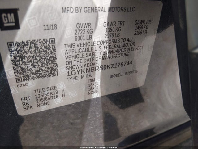 Aukcja sprzedaży 2019 Cadillac Xt5 Standard, vin: 1GYKNBRS0KZ176744, numer aukcji: 45706541