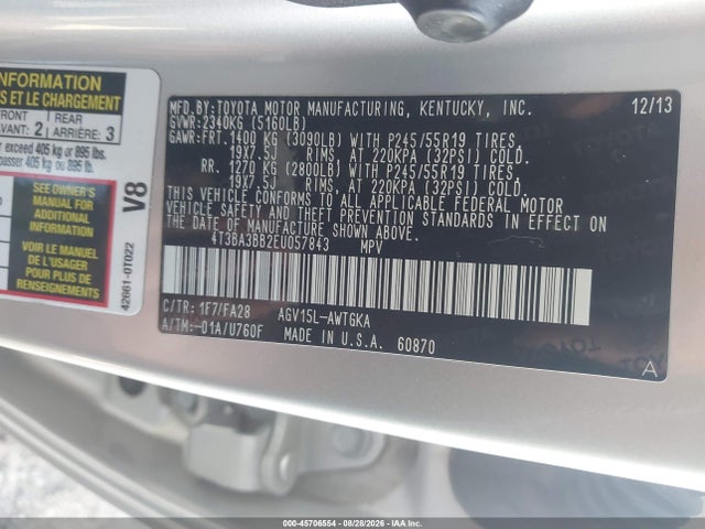 45706554 :رقم المزاد ، 4T3BA3BB2EU057843 vin ، 2014 Toyota Venza Le مزاد بيع