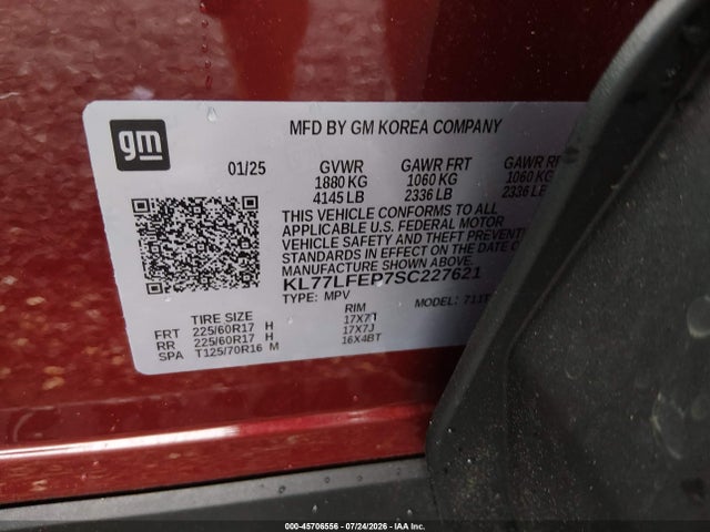 Aukcja sprzedaży 2025 Chevrolet Trax Fwd Ls, vin: KL77LFEP7SC227621, numer aukcji: 45706556