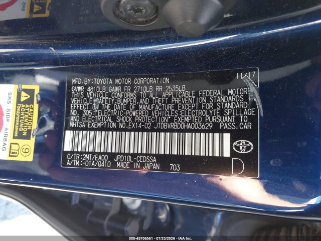 Toyota Mirai 2017 JTDBVRBD0HA003629 Image 9
