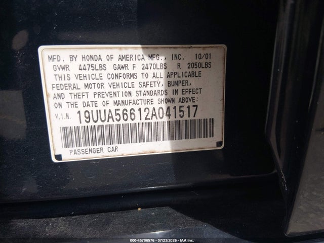 2002 Acura Tl 3.2 მანქანა იყიდება აუქციონზე, vin: 19UUA56612A041517, აუქციონის ნომერი: 45706576