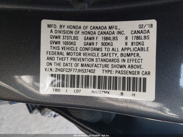 Honda CIVIC EX 2018 2HGFC2F77JH537402 Image 9