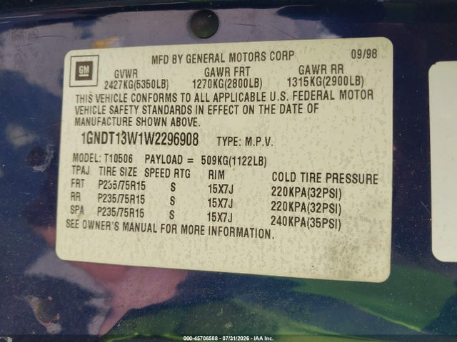 1998 Chevrolet Blazer Ls მანქანა იყიდება აუქციონზე, vin: 1GNDT13W1W2296908, აუქციონის ნომერი: 45706588
