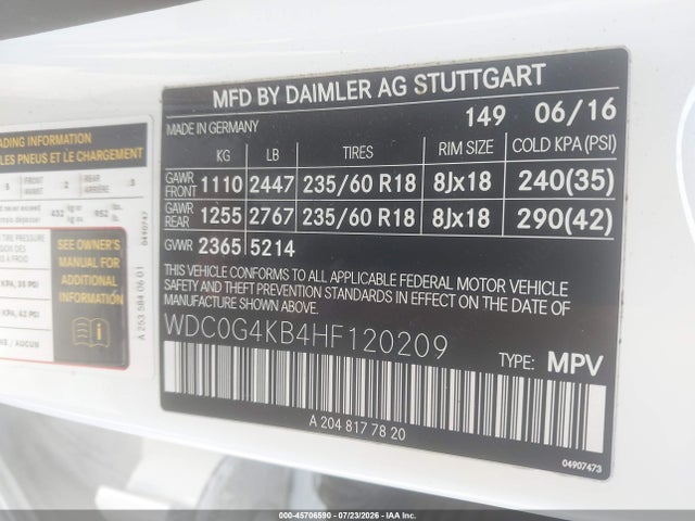 45706590 :رقم المزاد ، WDC0G4KB4HF120209 vin ، 2017 Mercedes-benz Glc 300 4matic مزاد بيع
