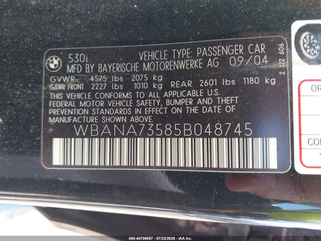Продажа на аукционе авто 2005 Bmw 530i, vin: WBANA73585B048745, номер лота: 45706597