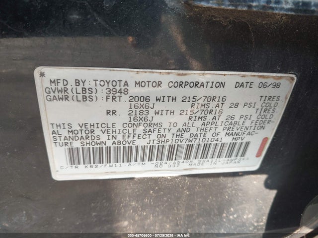 45706600 :رقم المزاد ، JT3HP10V7W7101041 vin ، 1998 Toyota Rav4 مزاد بيع
