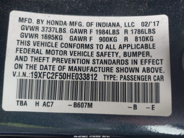 Honda Civic Lx 2017 19XFC2F50HE033812 Image 9
