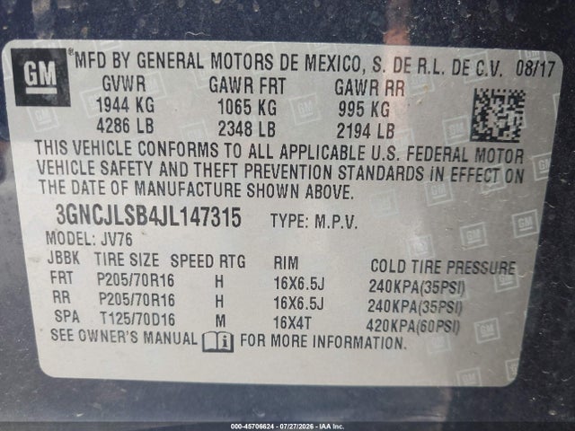 Chevrolet Trax Lt 2018 3GNCJLSB4JL147315 Image 9