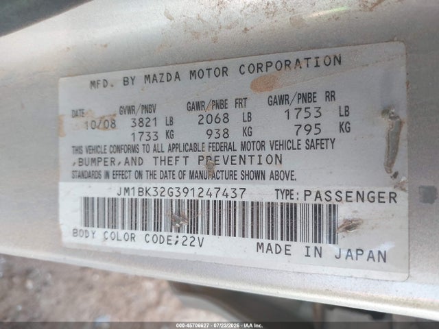 45706627 :رقم المزاد ، JM1BK32G391247437 vin ، 2009 Mazda Mazda3 I مزاد بيع