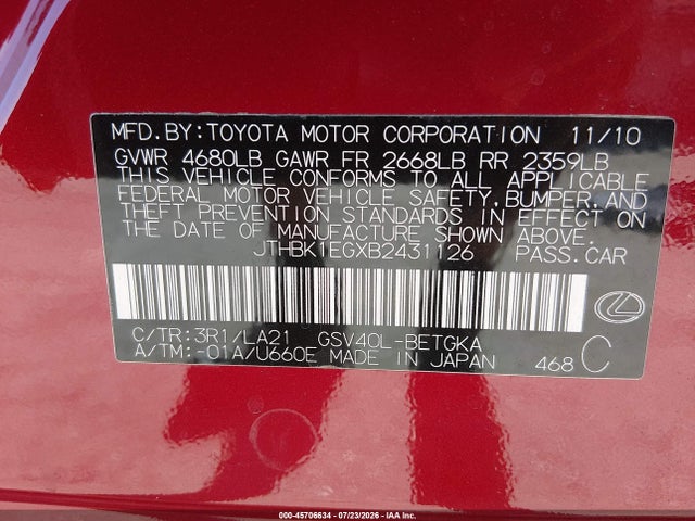 45706634 :رقم المزاد ، JTHBK1EGXB2431126 vin ، 2011 Lexus Es 350 مزاد بيع
