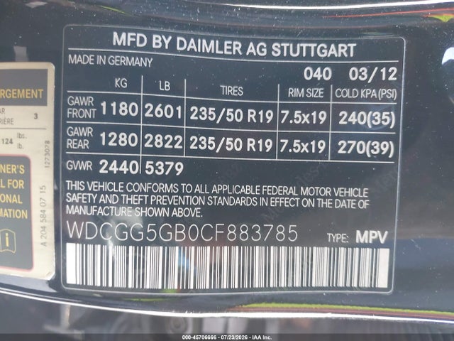 45706666 :رقم المزاد ، WDCGG5GB0CF883785 vin ، 2012 Mercedes-benz Glk 350 مزاد بيع