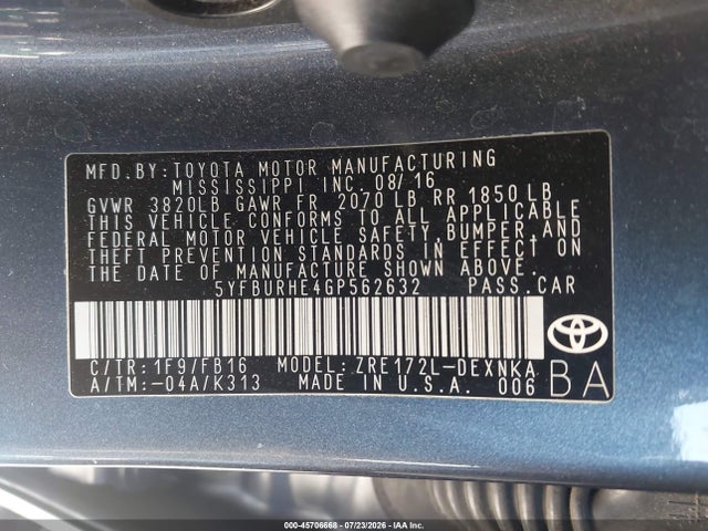 Toyota COROLLA LE 2016 5YFBURHE4GP562632 Image 9