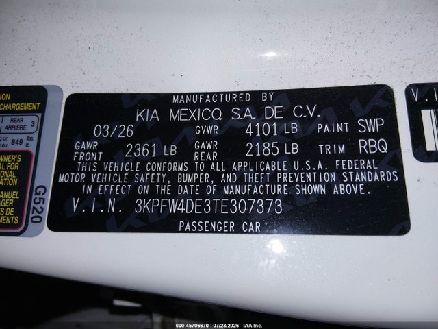 Aukcja sprzedaży 2026 Kia K4 Gt-line, vin: 3KPFW4DE3TE307373, numer aukcji: 45706670