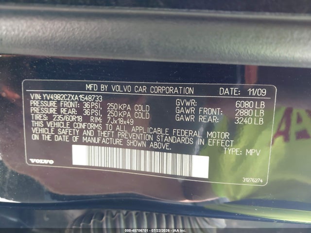 2010 Volvo Xc90 3.2 მანქანა იყიდება აუქციონზე, vin: YV4982CZXA1548733, აუქციონის ნომერი: 45706701